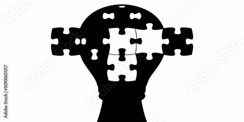 Silhouette of a lightbulb filled with jigsaw puzzle pieces in black and white illustration art | editable eps vectors