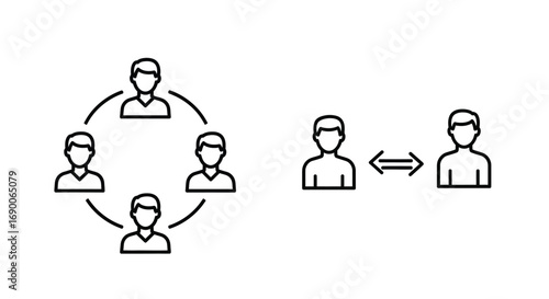 Vector illustration of two simple line icon sets illustrating teamwork and interpersonal communication