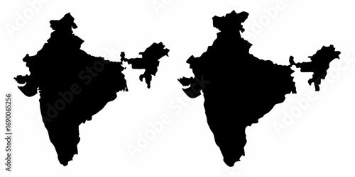 Two india map silhouettes displayed side by side in black color on a white background showcasing geography | editable eps vectors