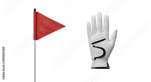 SPORT - White golf glove with black detailing displayed next to a red golf flag on a white background, perfect for golf enthusiasts and sports-related content