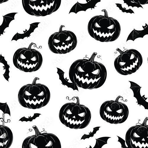Seamless Halloween pattern featuring spooky pumpkins and bats on a white backdrop, patern seamless, Stock royalty free.