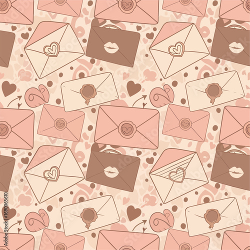 Seamless love letter pattern with hearts and lip prints for romantic designs, seamless pattern, royalty stock.