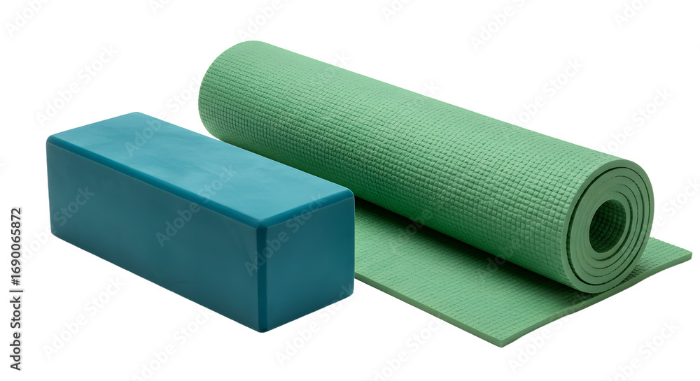 Obraz premium SPORT - Green rolled yoga mat with blue yoga block on white background, perfect for fitness, meditation, and exercise sessions
