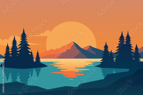 Lake Sunset Silhouette Trees, Water, and Mountains in a Flat