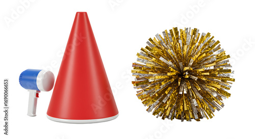 SPORT - Red cheerleading megaphone and gold pom pom isolated on white background, sporty spirit accessories perfect for cheerleading events