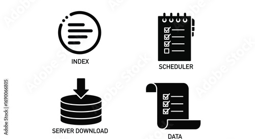 Vector illustration of four black icons representing index, scheduler, server download, and data