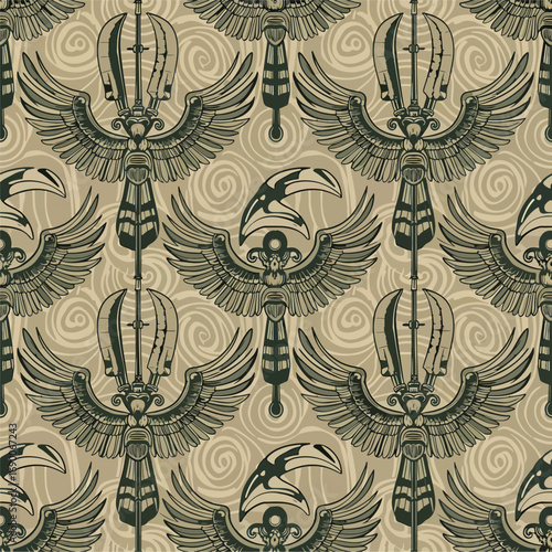 Seamless pattern of ancient Egyptian symbols with wings and stylized ornaments, seamless pattern, Stock royalty.