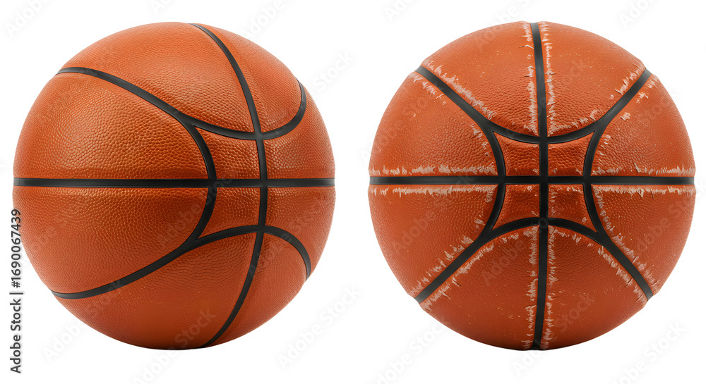Fototapeta premium SPORT - Two basketballs side by side showing new and worn textures on white background, perfect for sports or fitness themes