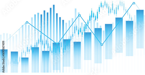 glowing blue financial stock chart with bar graph, candlestick patterns, and line trend analysis on black background for trading concept