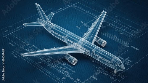 Detailed Blueprint of an Airplane in Transparent Design, Showcasing Structural Elements and Engineering Precision in Aviation Industry