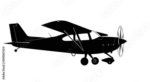 Silhouette of a small, single-engine propeller aircraft with high wings.