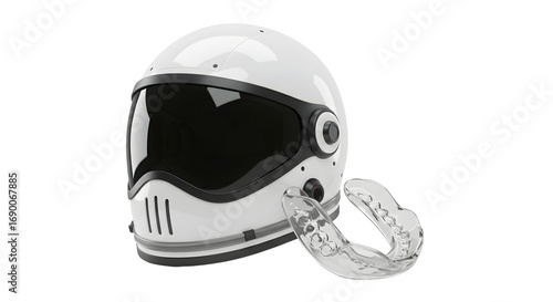 SPORT - White motorcycle helmet with black visor and transparent mouthguard isolated on white background perfect for safety and sports imagery