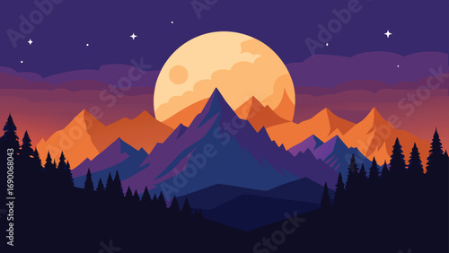 Landscape Illustration of Mountains with Forest Silhouette Under a Full Moon Sky