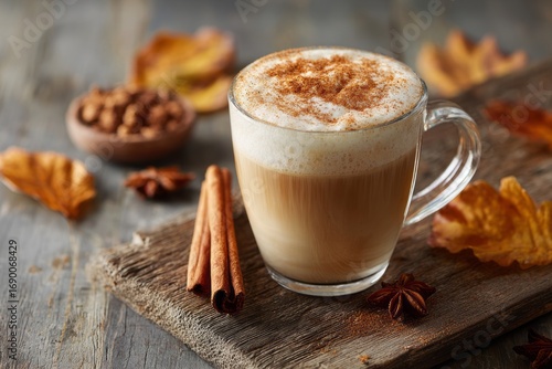 Creamy pumpkin spice latte with whipped cream and cinnamon on wooden board. Pumpkin chai tea latte in a clear glass mug with cinnamon stick and nutmeg dusting, concept of autumn warm drinks