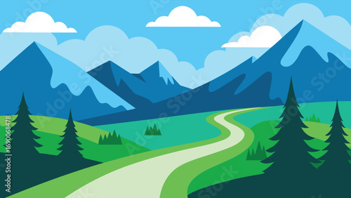 Landscape Illustration Winding Path Through Green Hills Towards Blue Mountains Under Cloudy Sky