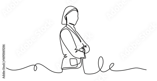 Continuous line art of a young woman in a business suit folding her arms across her chest, concept of a young entrepreneur. Vector illustration