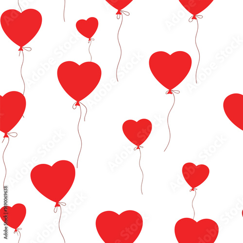 Seamless pattern of red heart shaped balloons floating on a white background, patern seamless, Stock royalty image.