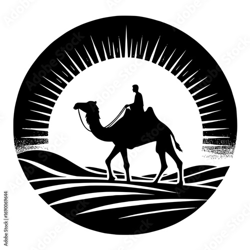 A man riding camel through desert in backdrop of rising sun vector image illustration