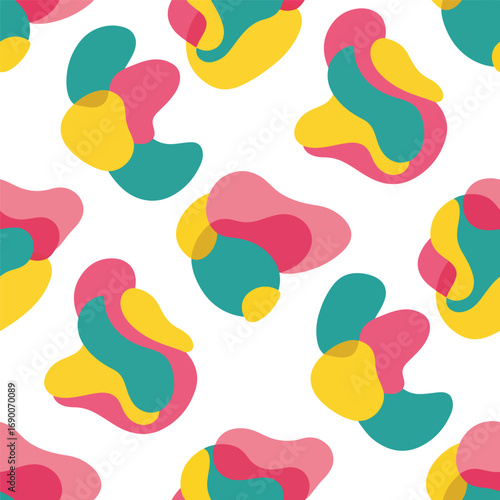 Seamless pattern with abstract organic shapes in teal, pink, and yellow hues, seamless pattern, Stock royalty.