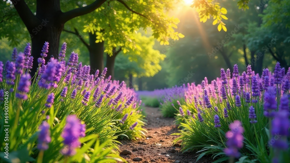 Obraz premium Serene Pathway Through a Lavender Field Bathed in Golden Sunlight, Creating a Tranquil and Picturesque Scene