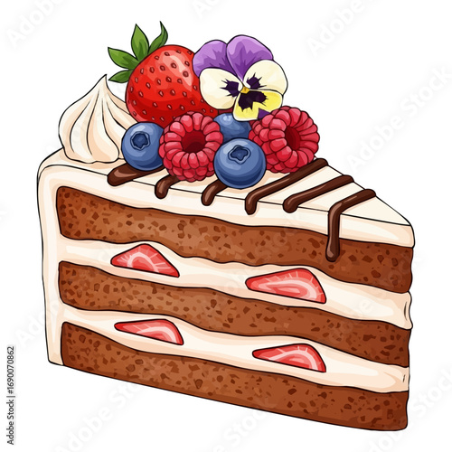 A decorative slice of chocolate cake with multiple fillings, topped with various fresh fruits and a purple pansy flower on a white plate