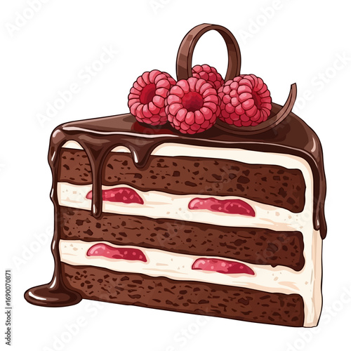 A tall slice of chocolate cake with multiple layers of filling, topped with three fresh raspberries and chocolate drizzle