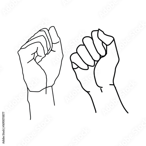 Line art illustration of clenched fist hand gesture. Minimalist black and white drawing for protest, power, freedom, strength, and solidarity design
