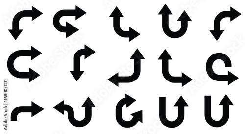 A collection of diverse black arrow icons, showcasing various turns and directions, arranged in a grid on a white background.
