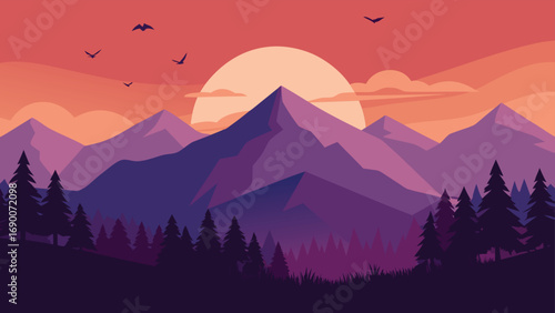 Low Polygon Mountain Range Landscape with Pine Trees, Birds and a Setting Sun