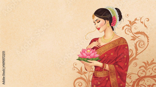 Feminine and spiritual vector of Indian woman in sari with lotus flower, traditional cultural artwork, Ai generate 