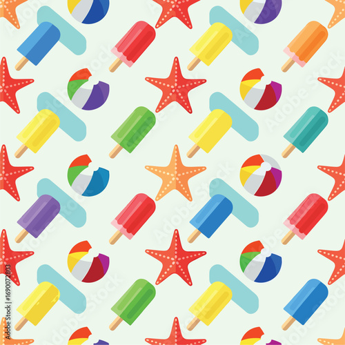Summer seamless pattern with beach balls, starfishes and ice creams background, patern seamless, royalty stock.