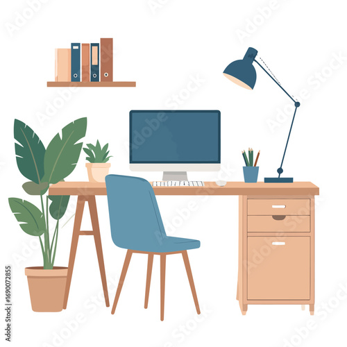 Cozy Home Office Setup with Computer, Desk, Chair, and Plant.