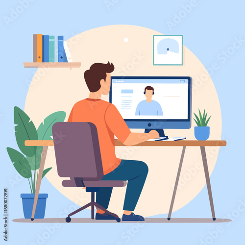 Man working on computer during video conference call at home office.