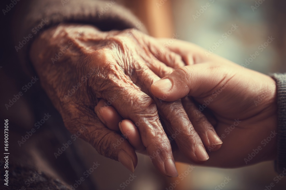 Fototapeta premium A young hand gently holds an elderly wrinkled hand