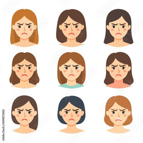 Collection of diverse angry female faces expressing frustration.