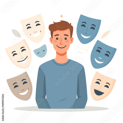 Man surrounded by masks representing different emotions and personalities.