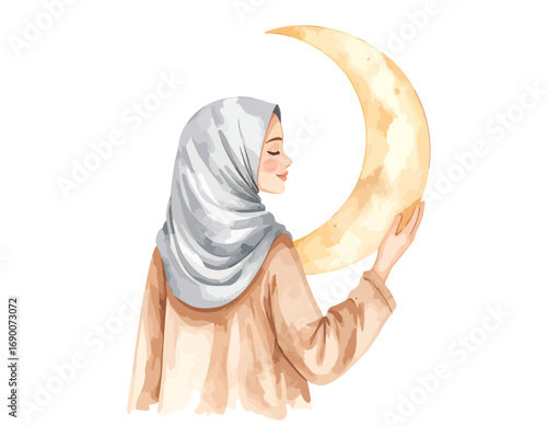 Muslim woman in hijab holding a crescent moon illustration.