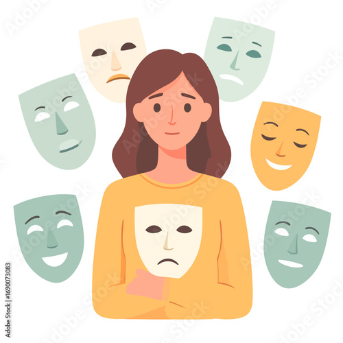 woman holding a sad mask, surrounded by various facial expressions.