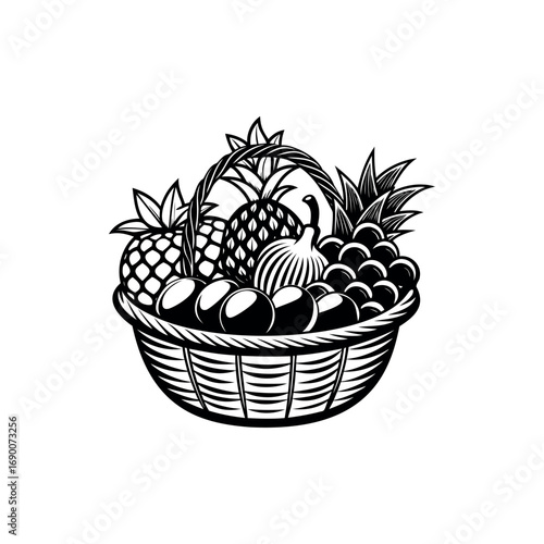 Monochrome depiction of an overflowing fruit basket, brimming with diverse fruits silhouette vector