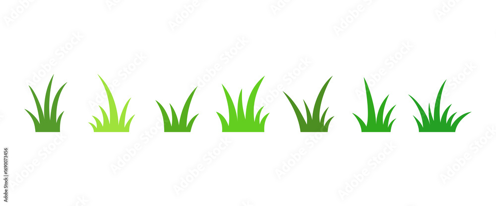 Obraz premium Young spring green grass, set of icons, isolated on a white background, vector illustration flat design. Different shapes of a bunch of grass, simple silhouette for decoration, lawn, design, poster