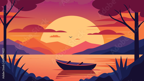 Minimalist Lake Sunset Boat, Mountains, and Trees in Illustration Landscape Style