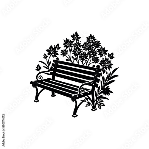 An ornate park bench surrounded by lush vegetation in a monochromatic design silhouette vector