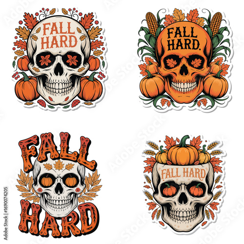 Skulls pumpkins leaves corn autumn fall