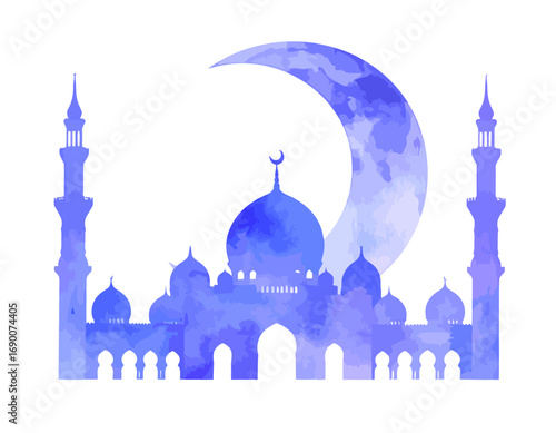 Blue Mosque Silhouette with Crescent Moon.