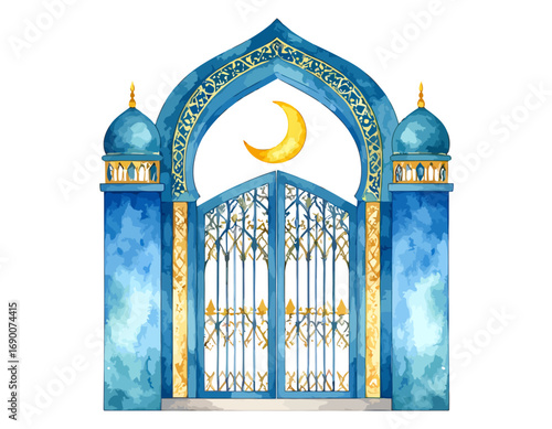 Watercolor Islamic Gate with Crescent Moon, Symbol of Ramadan.