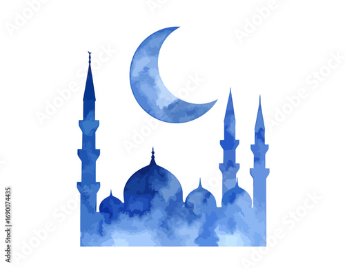 Islamic mosque silhouette with crescent moon watercolor illustration.