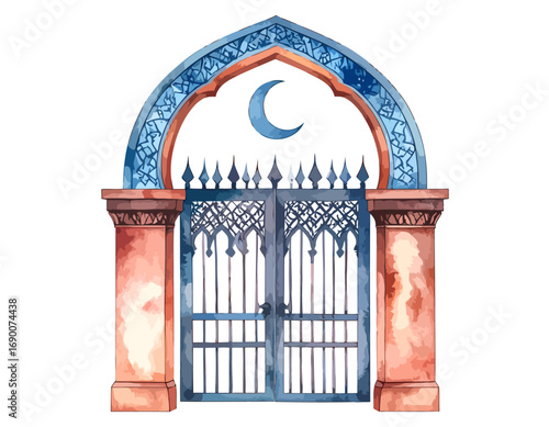 Watercolor illustration of an ornate gate with a crescent moon design.