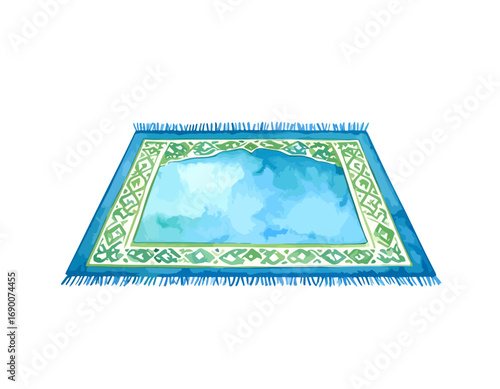 Watercolor Prayer Rug with Blue and Green Design for Muslim Worship.