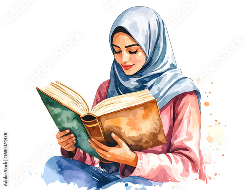 Young woman in hijab reading a book with focused expression and serene atmosphere.