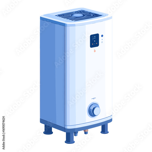 Modern water heater appliance with digital display and control knob.